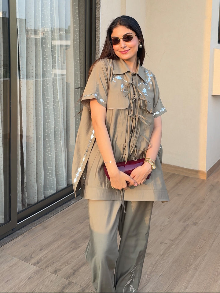 Sage Leather Patchwork Embroidered Cape