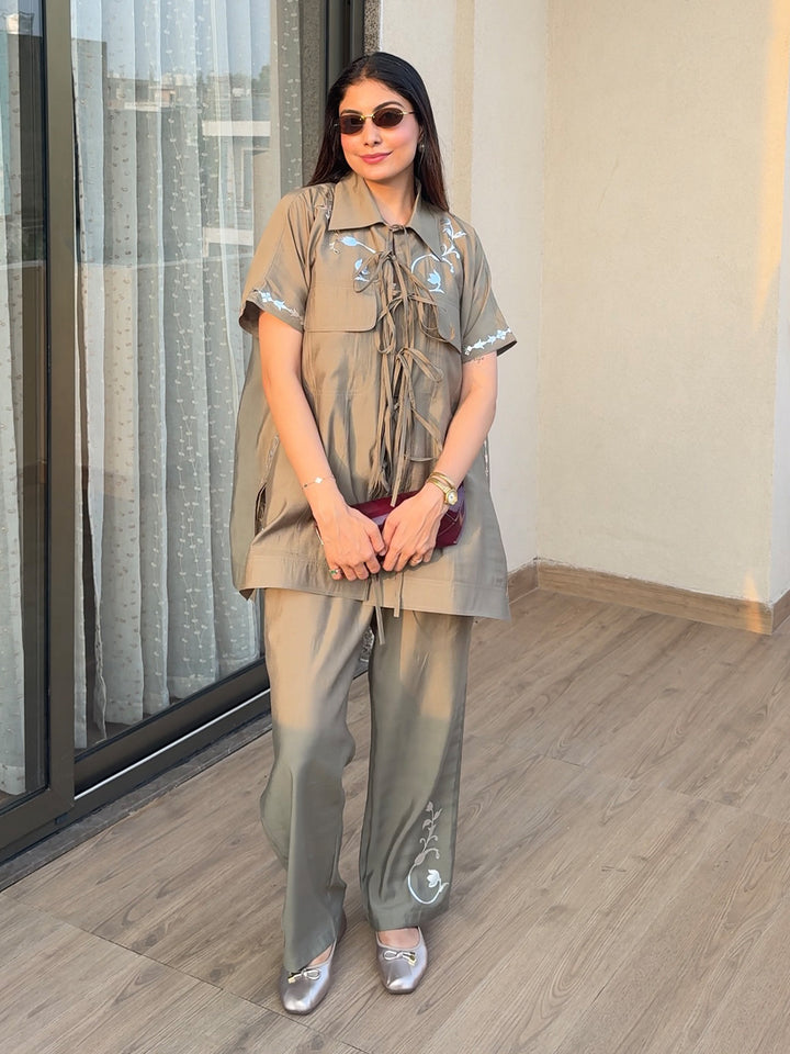 Sage Leather Patchwork Embroidered Cape