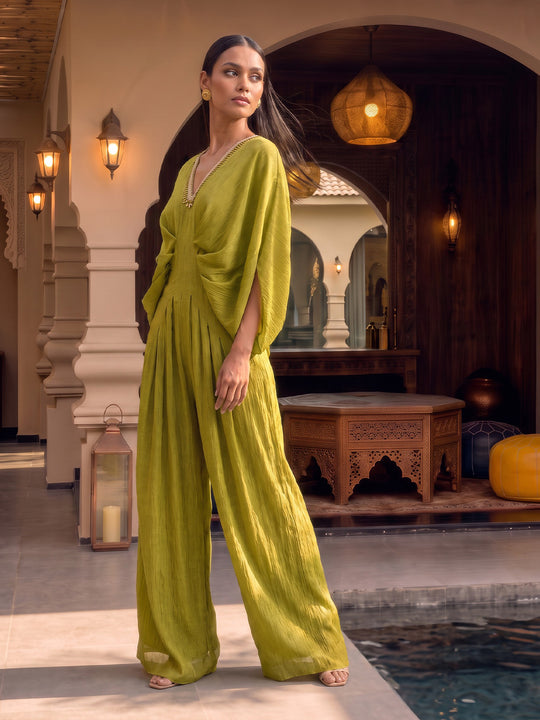 Festive Flared Jumpsuit with Neck Embroidery