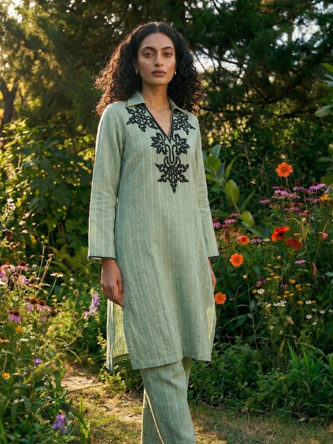 Embroidered Stripe Summer Tunic with Pants