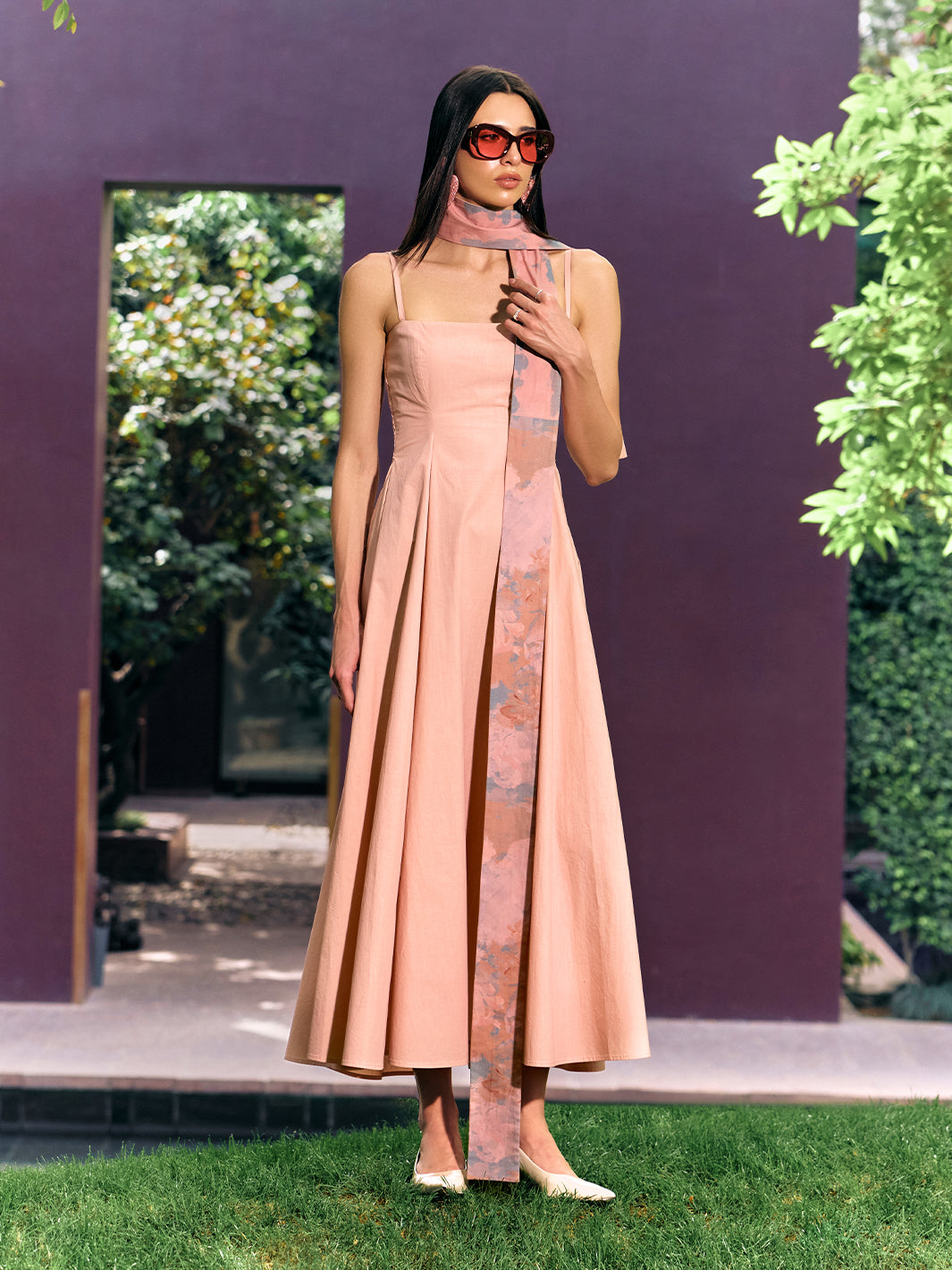 Bubblegum Strappy Maxi Dress with Scarf