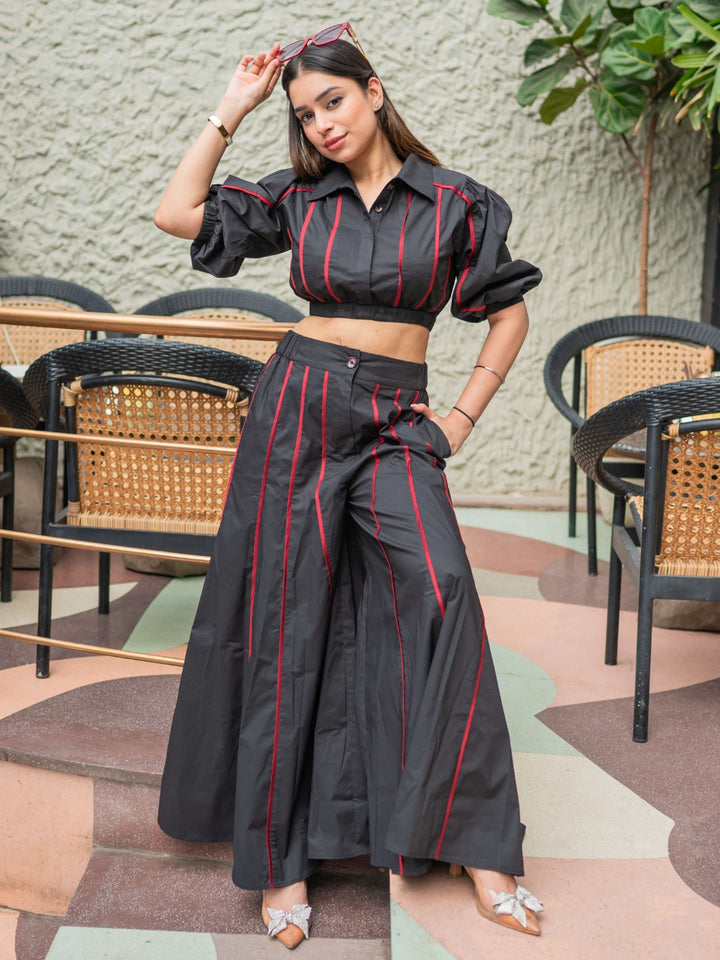 Flare Pant | Black Coord Set | Coord set for women | Piping Pants | Piping  Top | Pants for Women | Tops for women | Poplin Co-ord Set | Coords | Co ord Set | Black Dress | Party Dresses | Office Dress |  Event Party Dress | Latest Fashion | Top Pant Set | Top with Pant | Co-ord Set Women | Women Coord Set