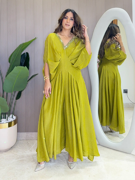 Festive Flared Jumpsuit with Neck Embroidery