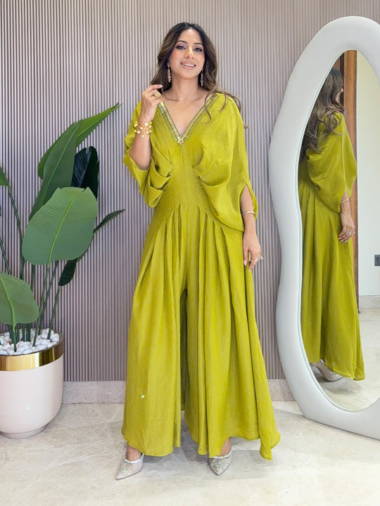 Festive Flared Jumpsuit with Neck Embroidery