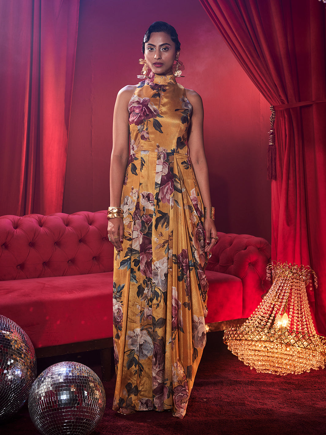 Signora Printed Floral Drape Gown