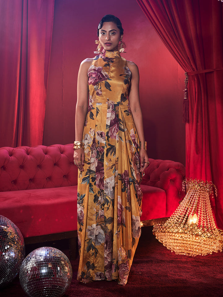 Signora Printed Floral Drape Gown