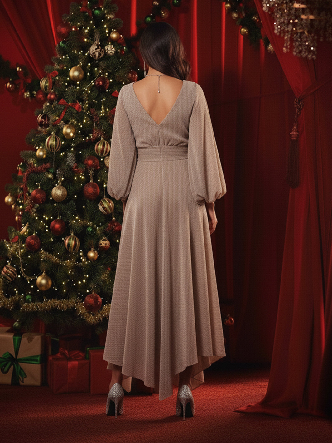 champagne christmas party dress Champagne A-line High Neckline Long Party Dress, Champagne Tulle Long Cutedressy