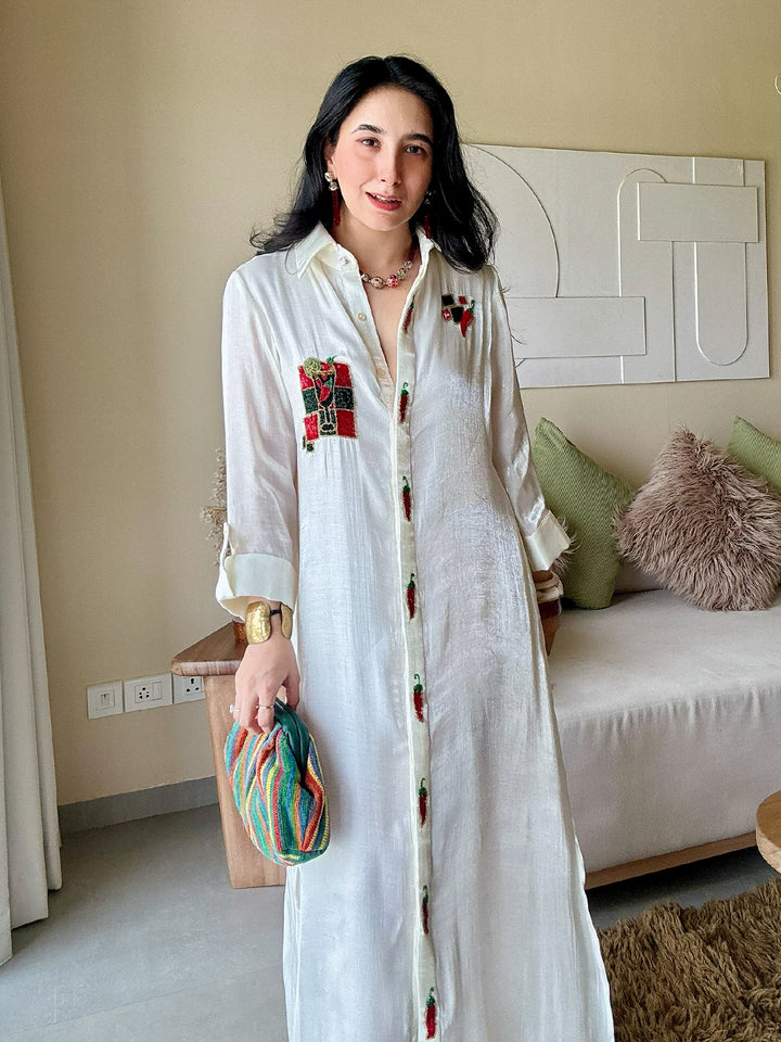 Picante Hand Embroidered Long Shirt Dress