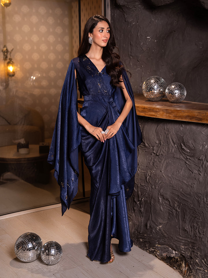 Galaxy Satin Embroidered Drape Gown
