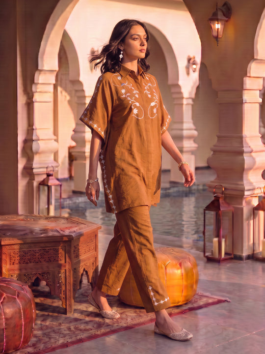Caramel Leather Patchwork Embroidered Long Shirt