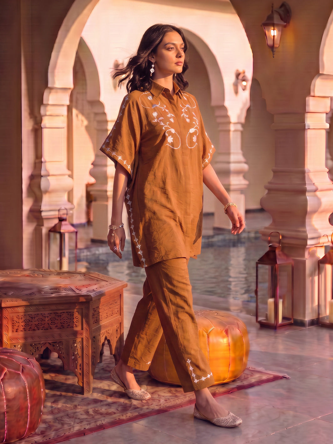 Caramel Leather Patchwork Embroidered Co-ord Set