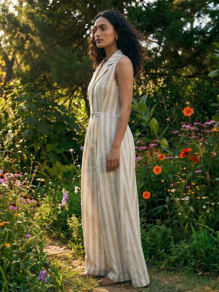 Stripe Cotton Jumpsuit with Front Belt