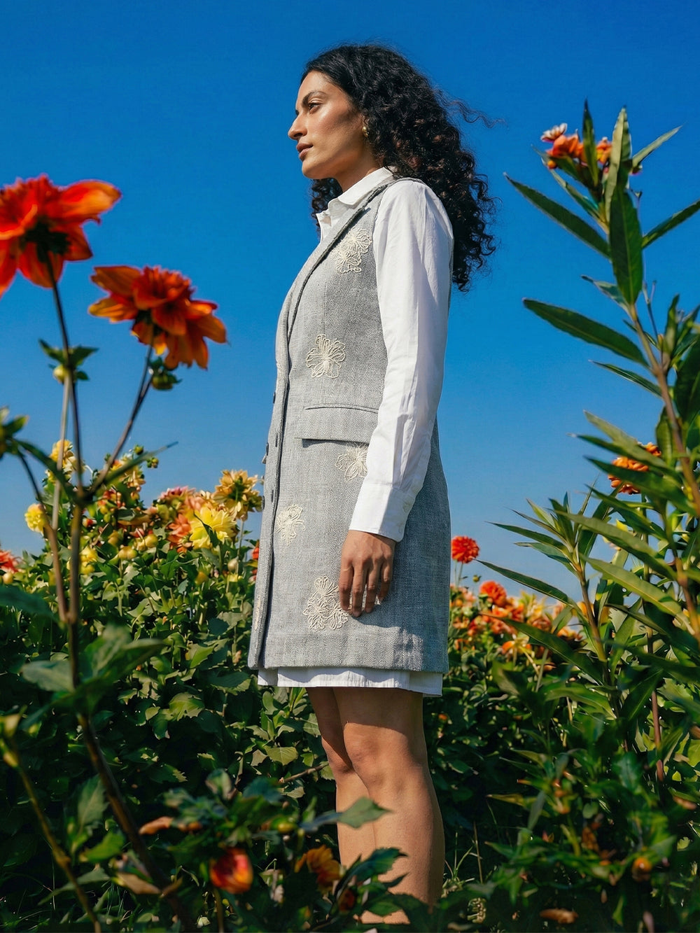 Misty Gardenia Embroidered Grey Jacket