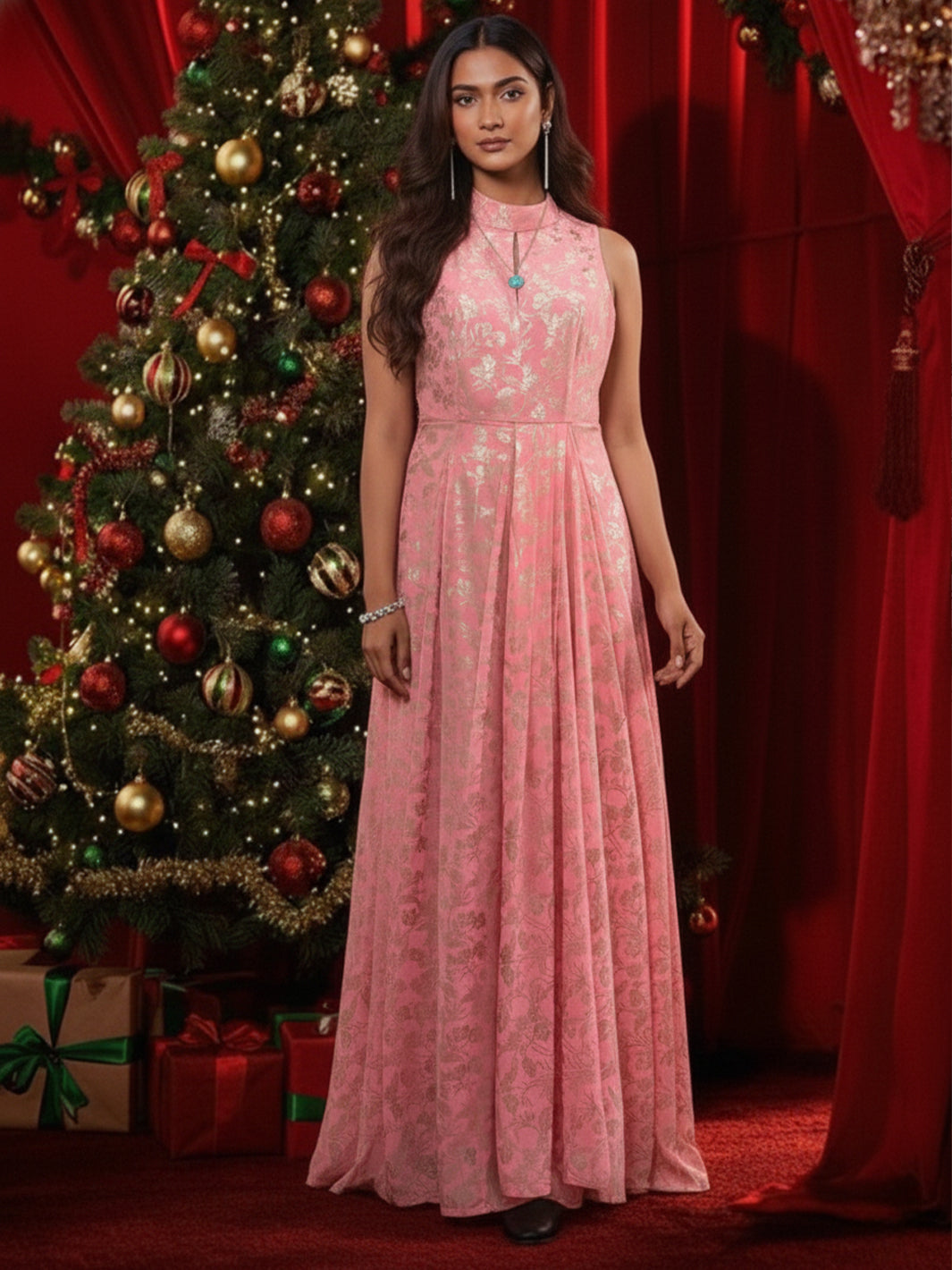 Metallic Print Drape Party Gown