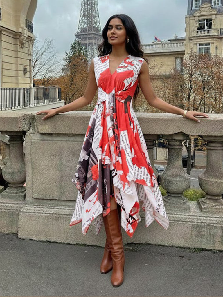 print asymmetric hem pleated maxi dress socialite Ink Print Asymmetric Maxi Dress
