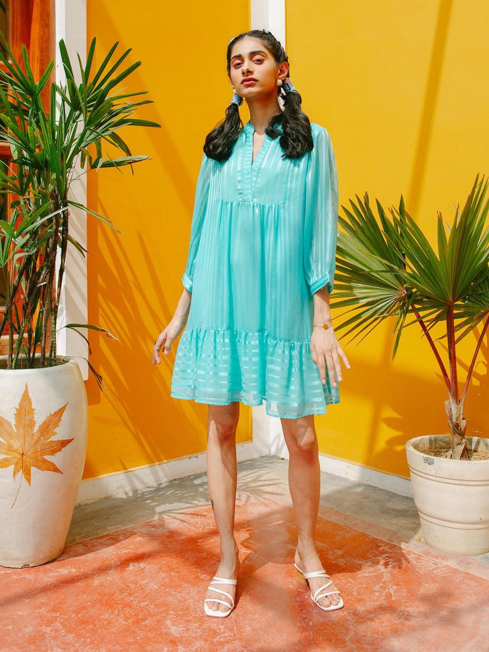 Marbella Blue Gather Chiffon Dress