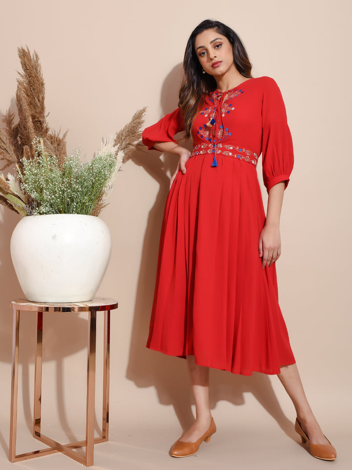 Red Georgette Pleated Dress 1