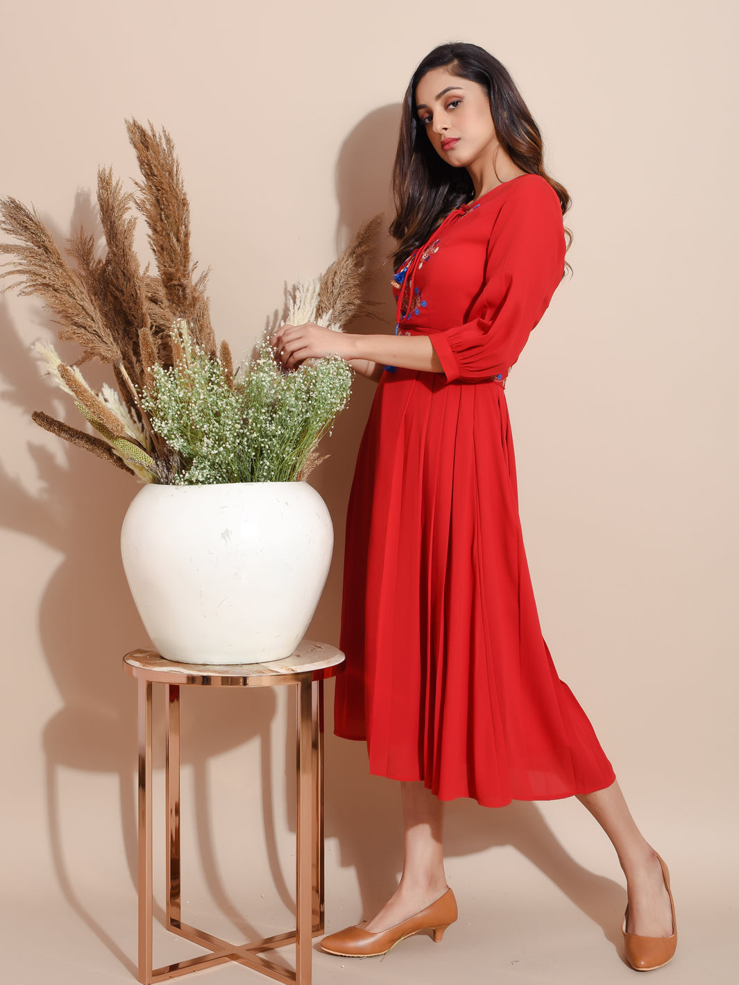 Red Georgette Pleated Dress 2