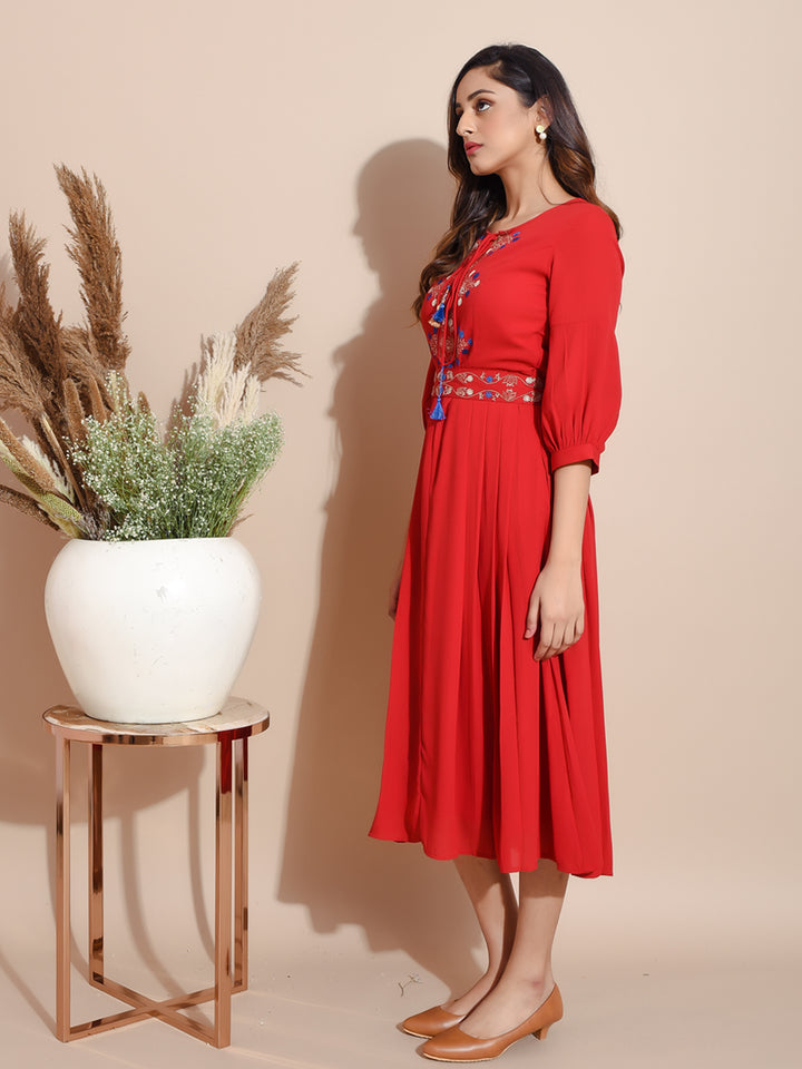 Red Georgette Pleated Dress 4