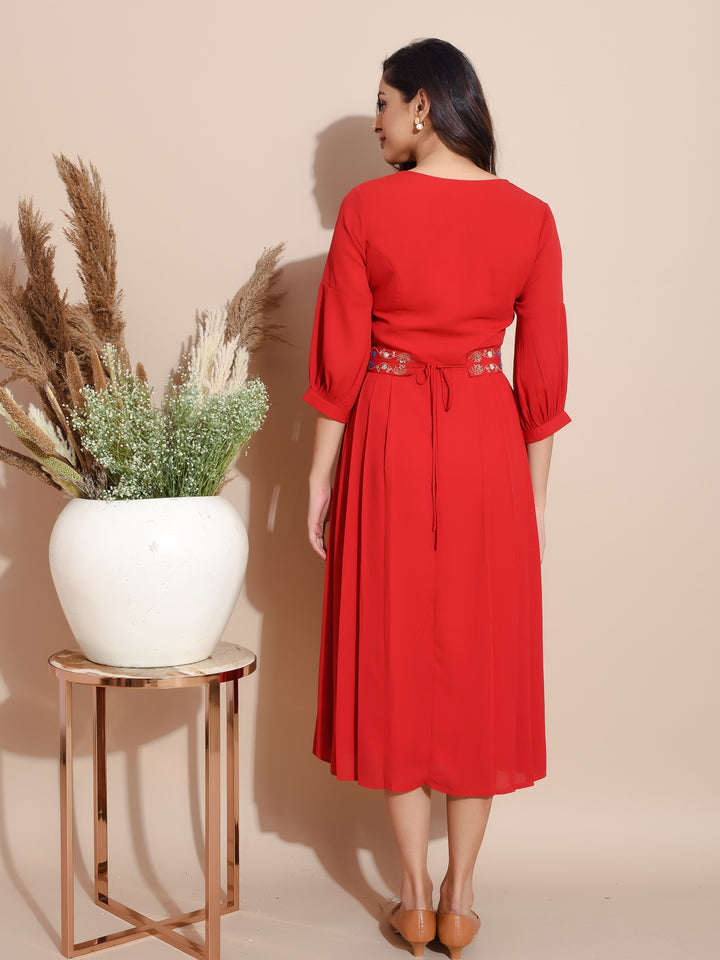 Red Georgette Pleated Dress 3