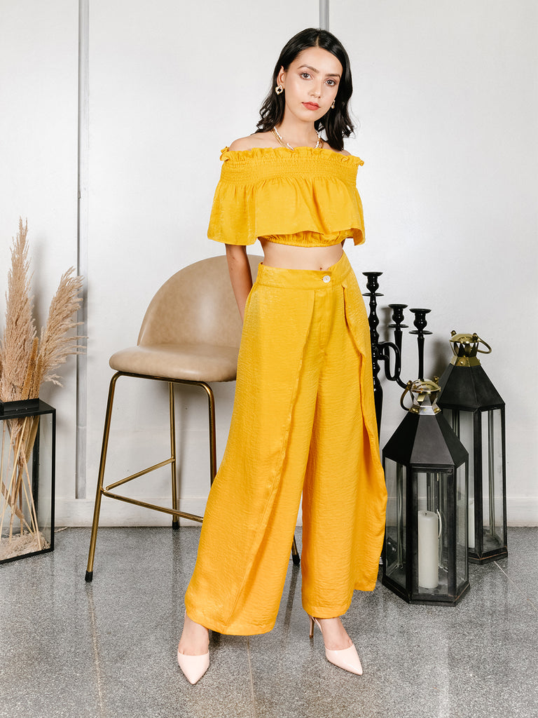 Party Wear Cotton Bellonias Overlap Yellow Pant for Women at