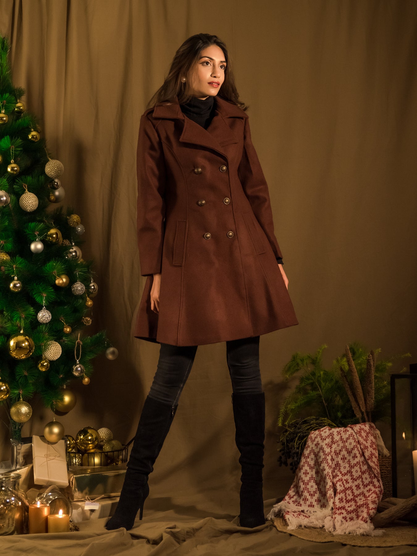 Brown Double Breasted Wool Coat Women's