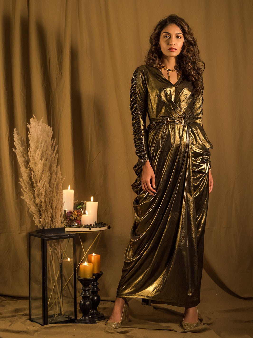 Marquee Gold Drape Gown with Belt – House of Fett