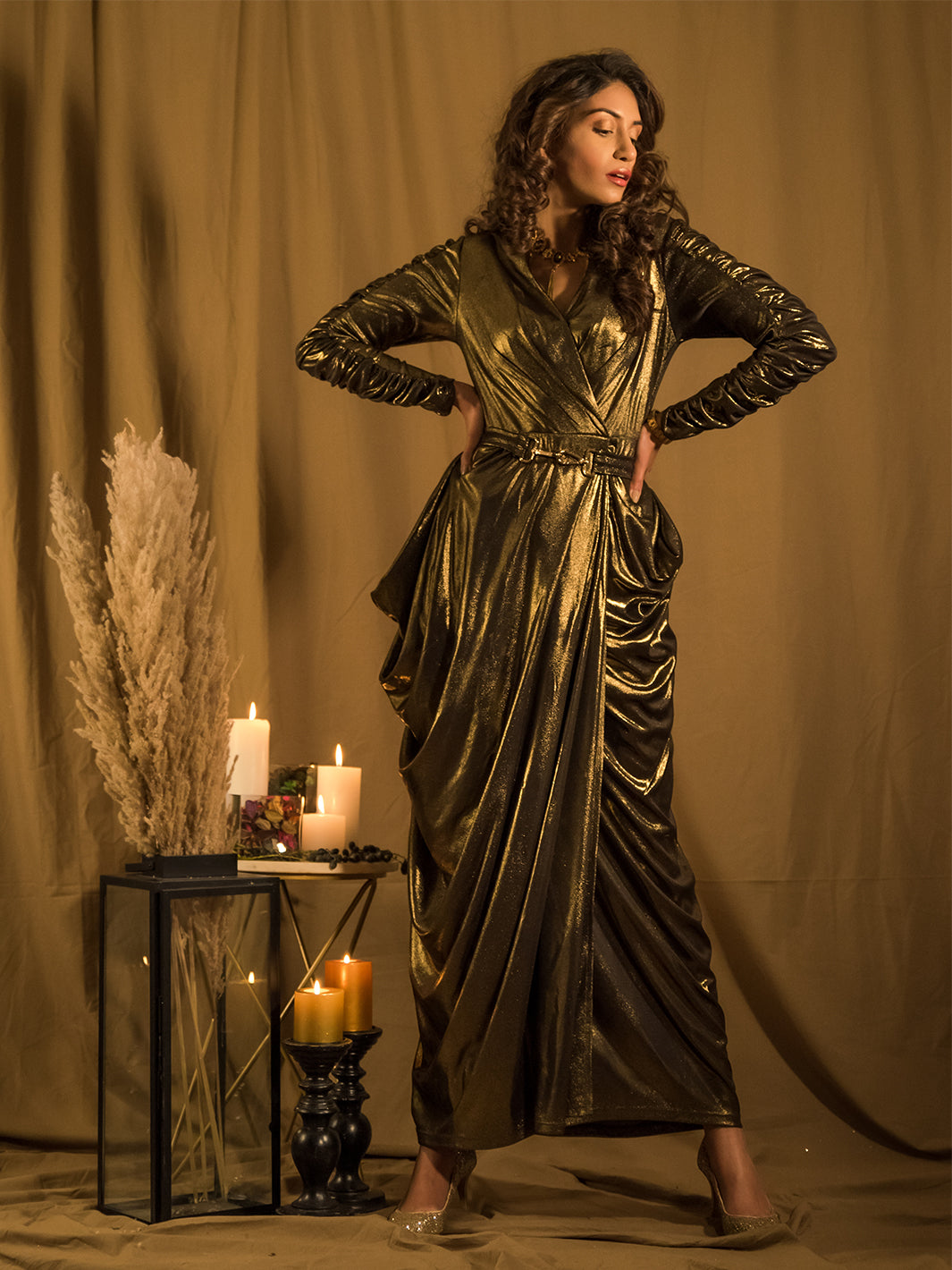 Marquee Gold Drape Gown with Belt 4