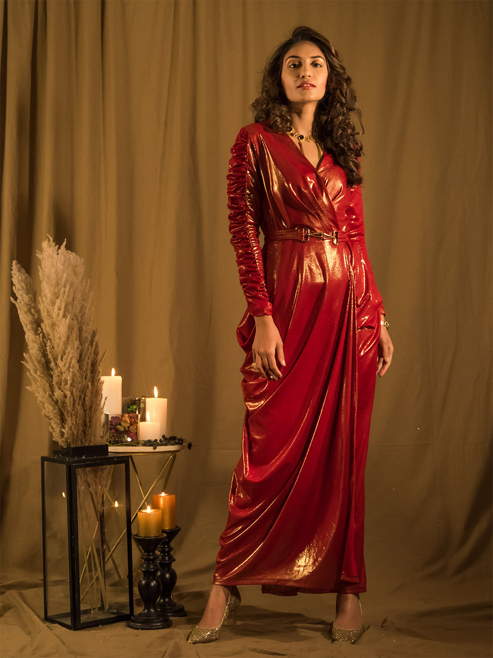 Marquee Red Drape Gown with Belt