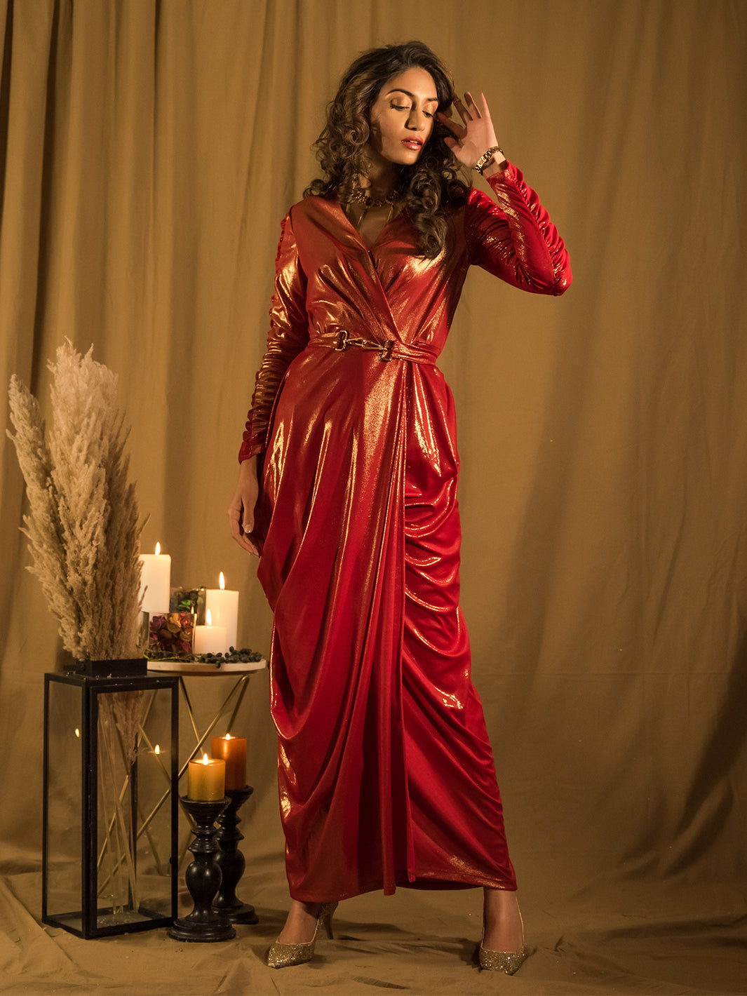 Marquee Red Drape Gown with Belt 2