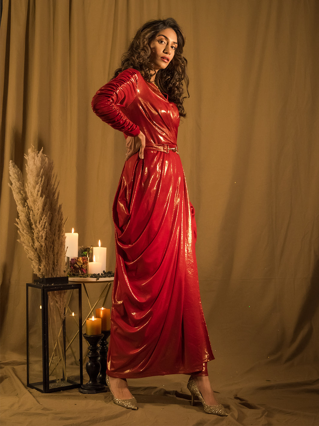 Marquee Red Drape Gown with Belt 3