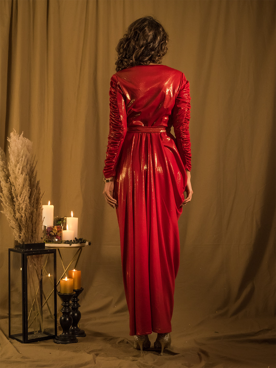 Marquee Red Drape Gown with Belt 4