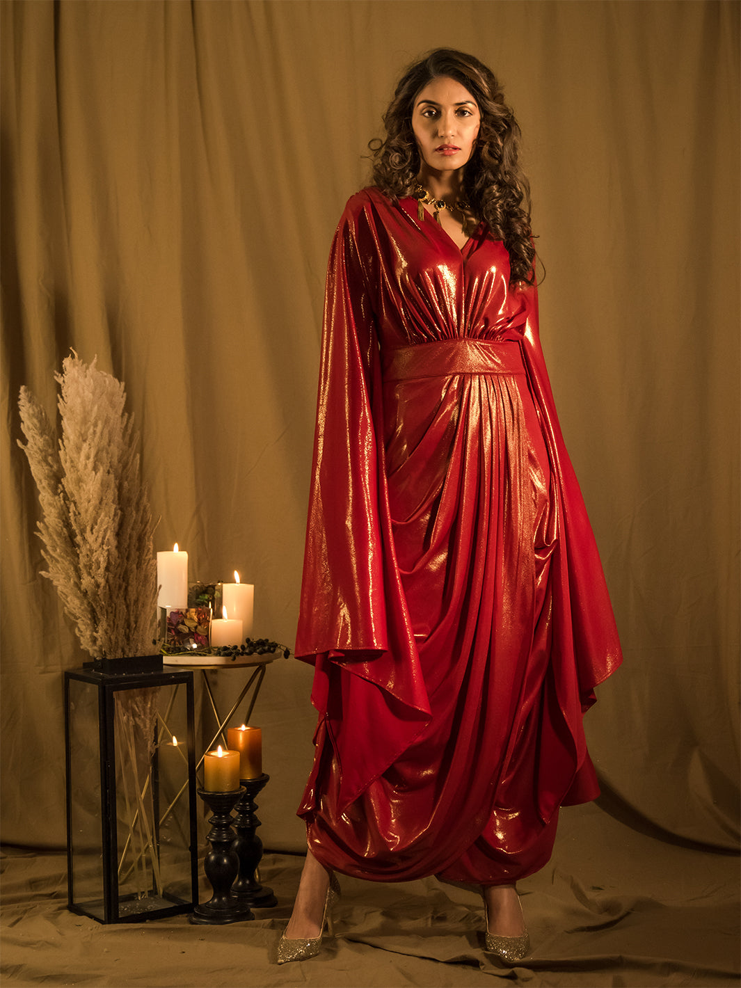 Party Wear High Quality Le Bain Red Metallic Gown for Women at House of Fett